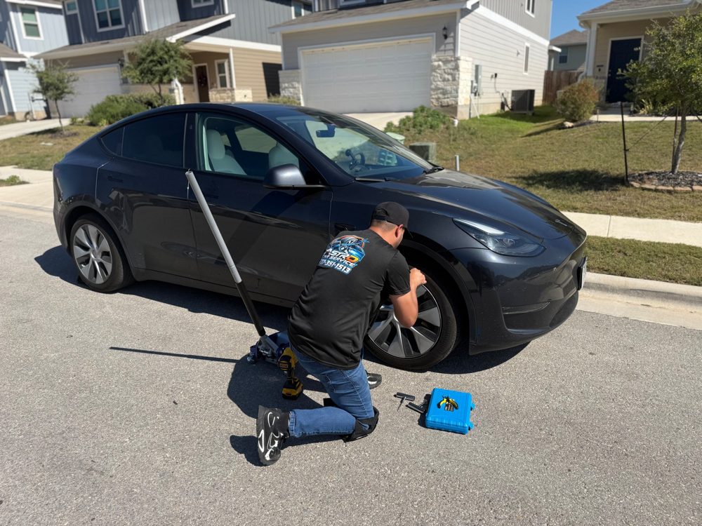 Tire repair on a residential street